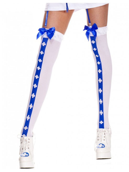 Bas sexy blanc avec bande bleu croix infirmière et nœuds satinés