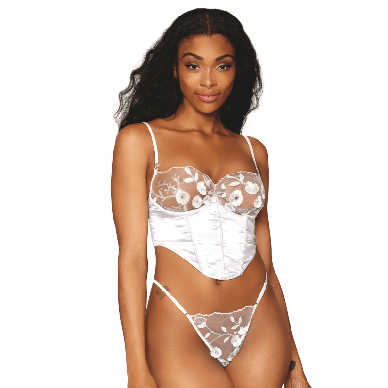 Bustier blanc en satin et dentelle florale