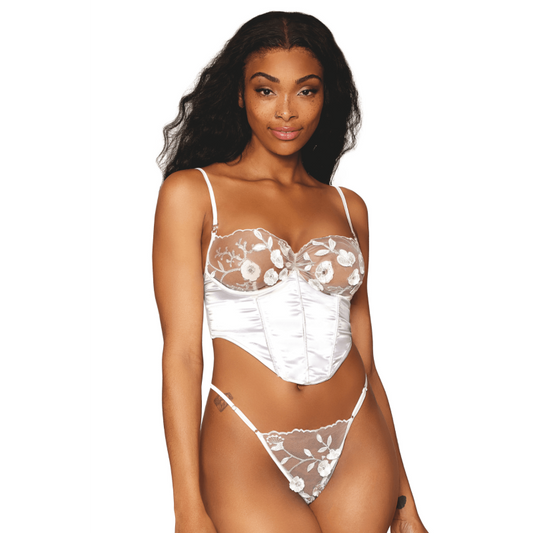 Bustier blanc en satin et dentelle florale