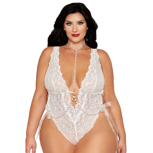 Body dentelle blanc et chainettes bijou de corps perles blanches