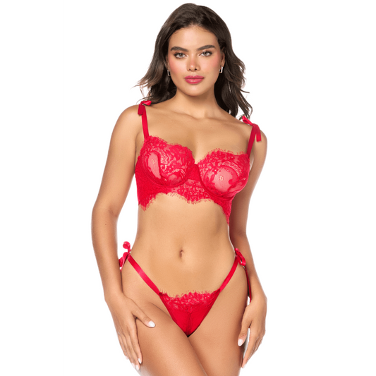Ensemble sexy 2 pièces en dentelle avec liens à nouer et string